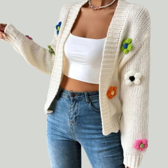 Flower Detailed Open front Knit Sweater Cardigan - Picture 3 of 6